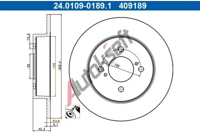 ATE Brzdový kotouč - 259 mm AT 409189, 24.0109-0189.1 ATE Brzdový kotouč - 259 mm AT 409189, 24.0109-0189.1