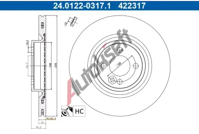 ATE Brzdový kotouč - 316 mm AT 422317, 24.0122-0317.1 ATE Brzdový kotouč - 316 mm AT 422317, 24.0122-0317.1