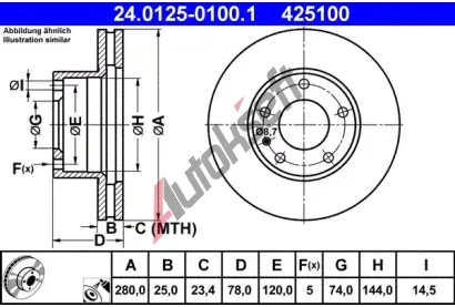 ATE Brzdov kotou - 280 mm AT 425100, 24.0125-0100.1