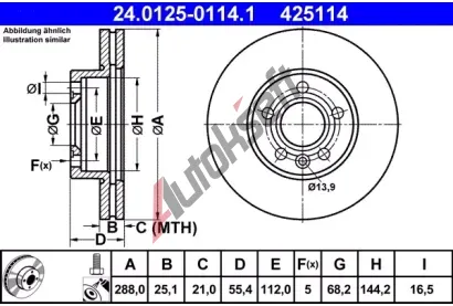 ATE Brzdov kotou - 288 mm AT 425114, 24.0125-0114.1