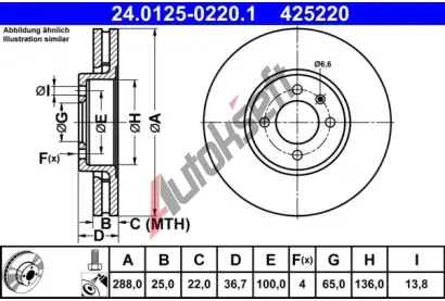 ATE Brzdový kotouč - 288 mm AT 425220, 24.0125-0220.1  ATE Brzdový kotouč - 288 mm AT 425220, 24.0125-0220.1