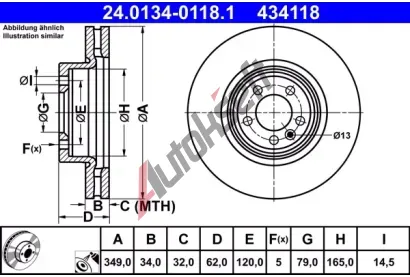 ATE Brzdový kotouč - 349 mm AT 434118, 24.0134-0118.1 ATE Brzdový kotouč - 349 mm AT 434118, 24.0134-0118.1
