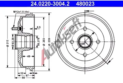 ATE Brzdov buben - 203 mm AT 480023, 24.0220-3004.2