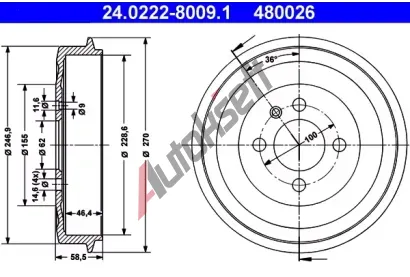 ATE Brzdov buben - 229 mm AT 480026, 24.0222-8009.1