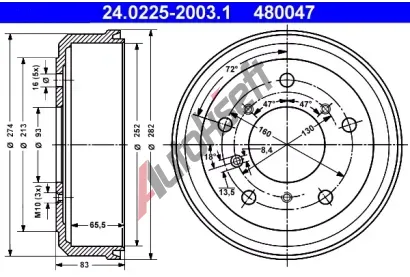 ATE Brzdov buben - 252 mm AT 480047, 24.0225-2003.1