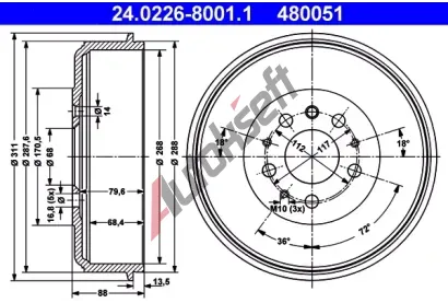 ATE Brzdov buben - 268 mm AT 480051, 24.0226-8001.1