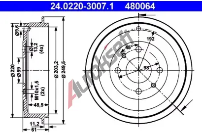 ATE Brzdov buben - 203 mm AT 480064, 24.0220-3007.1