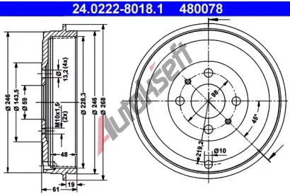 ATE Brzdov buben - 228 mm AT 480078, 24.0222-8018.1