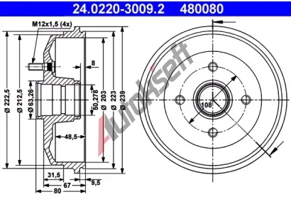 ATE Brzdov buben - 203 mm AT 480080, 24.0220-3009.2