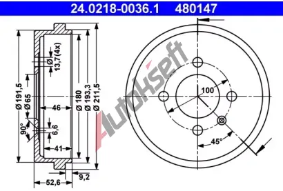 ATE Brzdov buben - 180 mm AT 480147, 24.0218-0036.1