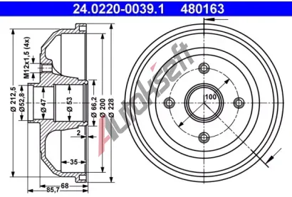 ATE Brzdov buben - 200 mm AT 480163, 24.0220-0039.1