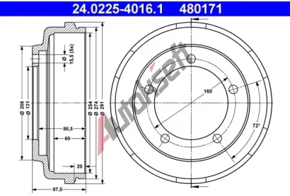 ATE Brzdov buben - 254 mm AT 480171, 24.0225-4016.1