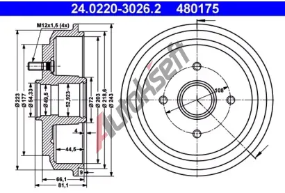 ATE Brzdov buben - 203 mm AT 480175, 24.0220-3026.2