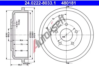 ATE Brzdov buben - 228,3 mm AT 480181, 24.0222-8033.1