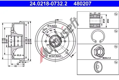 ATE Brzdov buben s loiskem - 180 mm AT 480207, 24.0218-0732.2