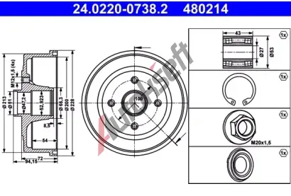 ATE Brzdov buben - 200 mm AT 480214, 24.0220-0738.2