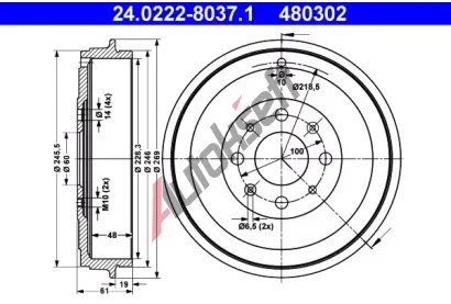 ATE Brzdov buben - 228,3 mm AT 480302, 24.0222-8037.1