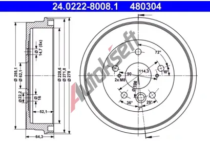 ATE Brzdov buben - 228,6 mm AT 480304, 24.0222-8008.1