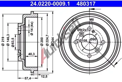 ATE Brzdov buben - 200 mm AT 480317, 24.0220-0009.1