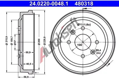 ATE Brzdov buben - 200 mm AT 480318, 24.0220-0048.1