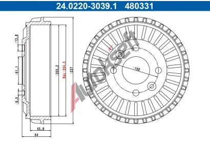 ATE Brzdový buben AT 480331, 24.0220-3039.1  ATE Brzdový buben AT 480331, 24.0220-3039.1