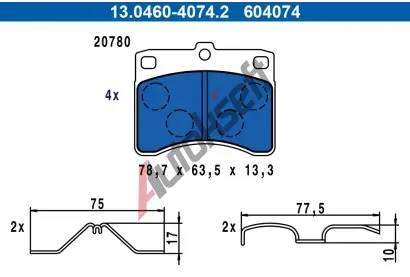 ATE Sada brzdových destiček AT 604074, 13.0460-4074.2 ATE Sada brzdových destiček AT 604074, 13.0460-4074.2