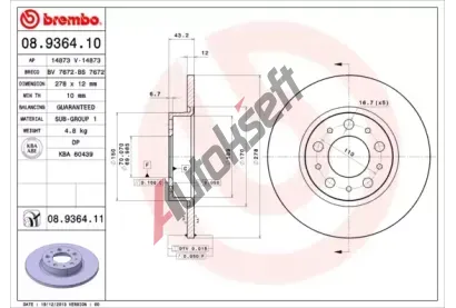 BREMBO Brzdov kotou COATED DISC LINE - 278 mm BRE 08.9364.11, 08.9364.11