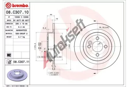 BREMBO Brzdov kotou COATED DISC LINE - 280 mm BRE 08.C307.11, 08.C307.11