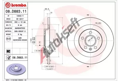 BREMBO Brzdov kotou COATED DISC LINE - 302 mm BRE 08.D883.11, 08.D883.11