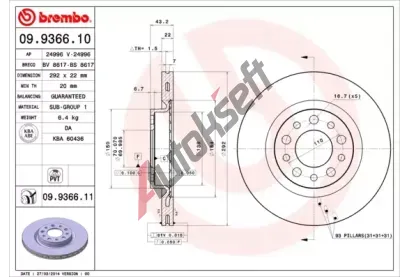 BREMBO Brzdov kotou COATED DISC LINE - 292 mm BRE 09.9366.11, 09.9366.11