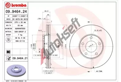 BREMBO Brzdov kotou COATED DISC LINE - 278 mm BRE 09.9464.21, 09.9464.21