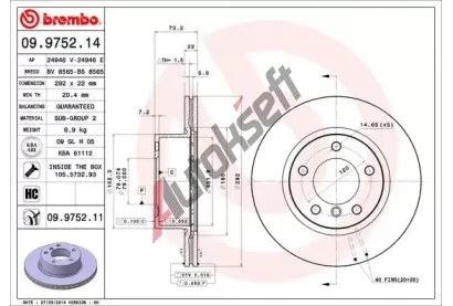BREMBO Brzdov kotou COATED DISC LINE - 292 mm BRE 09.9752.11, 09.9752.11