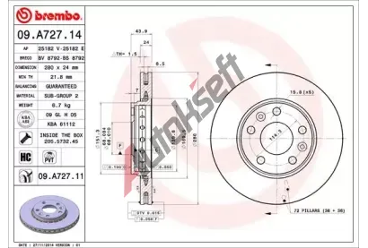 BREMBO Brzdov kotou - 280 mm BRE 09.A727.14, 09.A727.14