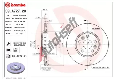 BREMBO Brzdov kotou COATED DISC LINE - 280 mm BRE 09.A727.21, 09.A727.21