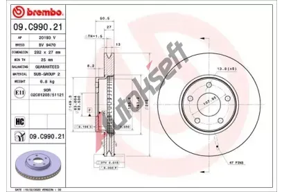 BREMBO Brzdov kotou COATED DISC LINE - 282 mm BRE 09.C990.21, 09.C990.21