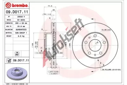 BREMBO Brzdov kotou COATED DISC LINE - 280 mm BRE 09.D017.11, 09.D017.11