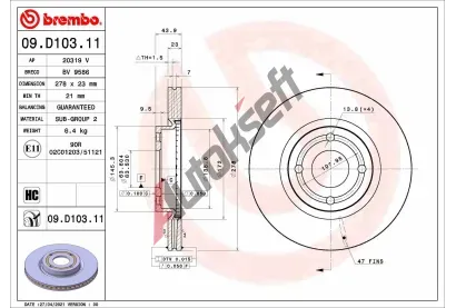 BREMBO Brzdov kotou COATED DISC LINE - 278 mm BRE 09.D103.11, 09.D103.11