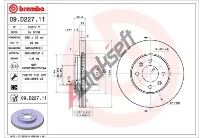 BREMBO Brzdov kotou COATED DISC LINE - 256 mm BRE 09.D227.11, 09.D227.11