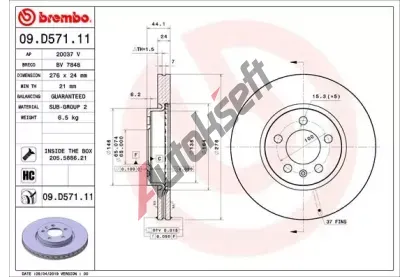 BREMBO Brzdov kotou COATED DISC LINE - 276 mm BRE 09.D571.11, 09.D571.11