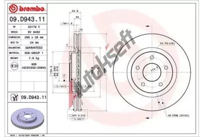 BREMBO Brzdov kotou COATED DISC LINE - 296 mm BRE 09.D943.11, 09.D943.11