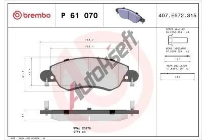 BREMBO Sada brzdovch destiek - kotouov brzda BRE P61070, P 61 070