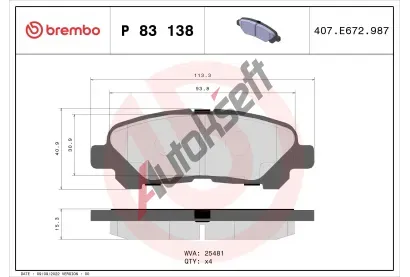 BREMBO Sada brzdových destiček BRE P83138, P 83 138 BREMBO Sada brzdových destiček BRE P83138, P 83 138