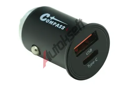 Compass Zástrčka 12/24V nízkoprofilová QC3/PD3 USB-A/USB-C 30W CMP 07404, 07404 Compass Zástrčka 12/24V nízkoprofilová QC3/PD3 USB-A/USB-C 30W CMP 07404, 07404