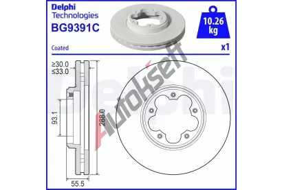 DELPHI Brzdový kotouč - 288 mm DF BG9391C, BG9391C  DELPHI Brzdový kotouč - 288 mm DF BG9391C, BG9391C