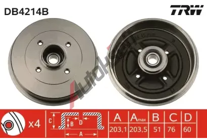 TRW Brzdov buben s loiskem - 203,3 mm TRW DB4214B, DB4214B