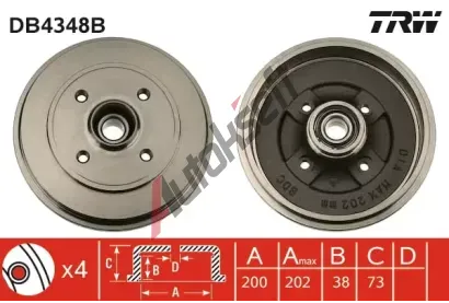 TRW Brzdov buben s loiskem - 200 mm TRW DB4348B, DB4348B