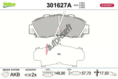 VALEO Sada brzdových destiček EXPERT VA 301627A, 301627A VALEO Sada brzdových destiček EXPERT VA 301627A, 301627A