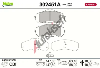 VALEO Sada brzdových destiček EXPERT VA 302451A, 302451A VALEO Sada brzdových destiček EXPERT VA 302451A, 302451A