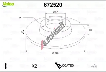 VALEO Brzdový kotouč COATED - 278 mm VA 672520, 672520 VALEO Brzdový kotouč COATED - 278 mm VA 672520, 672520