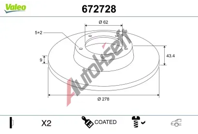 VALEO Brzdový kotouč COATED - 278 mm VA 672728, 672728 VALEO Brzdový kotouč COATED - 278 mm VA 672728, 672728